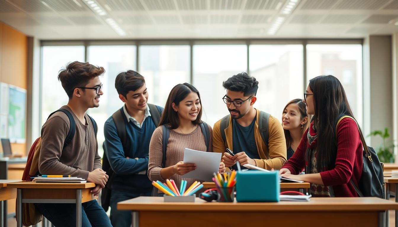 Students studying together in modern classroom